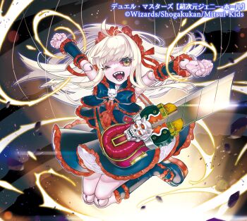 1girl ahoge black_boots black_dress blonde_hair boots boxcutter brown_nails commentary_request copyright_notice doll_joints dress duel_masters ekusiun frilled_dress frilled_hairband frills hairband jenny_(duel_masters) joints jumping long_hair multicolored_dress multicolored_eyes nail_polish official_art one_eye_closed open_mouth puppet_strings red_dress red_eyes red_hairband sharp_teeth solo teeth yellow_eyes