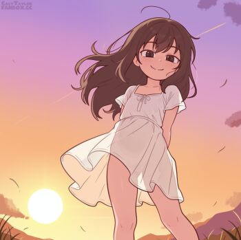 1girl ahoge arms_behind_back blush brown_eyes brown_hair casytay closed_mouth cloud dress feet_out_of_frame flat_chest grass loli long_hair looking_at_viewer no_panties original outdoors see-through_clothes see-through_silhouette short_sleeves sky smile solo standing sun sundress sunset white_dress wind wind_lift