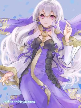 1girl blue_background breasts bryminoru commentary_request dated dress fire_emblem fire_emblem:_three_houses floating_hair gold_trim highres long_hair looking_at_viewer lysithea_von_ordelia lysithea_von_ordelia_(timeskip) multicolored_dress nintendo open_mouth petals pink_eyes purple_dress simple_background small_breasts smile solo twitter_username veil very_long_hair white_dress white_hair