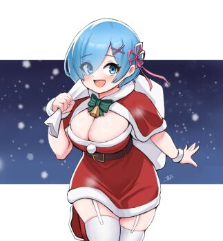 1girl bell blue_eyes blue_hair border bow bracelet breasts christmas cleavage commentary dress english_commentary eyes_visible_through_hair green_bow hair_ornament hair_over_one_eye highres holding holding_sack jewelry large_breasts light_blush miarin141 open_mouth pink_ribbon re:zero_kara_hajimeru_isekai_seikatsu rem_(re:zero) ribbon sack santa_costume santa_dress short_hair signature smile snow solo thighhighs white_border x_hair_ornament