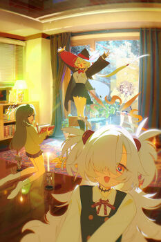 4girls absurdres arms_up black_skirt blue_archive bm_tol book brown_hair candle cape cardigan carpet collared_shirt commentary curtains dress eri_(blue_archive) fang green_hair hair_over_one_eye halo hat highres holding holding_book indoors kanoe_(blue_archive) kneeling lampshade long_hair long_sleeves looking_at_viewer miniskirt multiple_girls occult_studies_club_(blue_archive) open_mouth pinafore_dress pleated_skirt rena_(blue_archive) rug shirt short_hair skirt sleeveless sleeveless_dress smile socks standing symbol-only_commentary tsumugi_(blue_archive) twintails two_side_up white_hair white_shirt window witch_hat