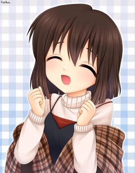 1girl absurdres blunt_ends brown_hair camisole camisole_over_clothes clenched_hands closed_eyes commentary commission hands_up highres kanon kigidere long_sleeves misaka_shiori open_mouth plaid_background plaid_clothes plaid_shawl shawl short_hair smile solo sweater upper_body