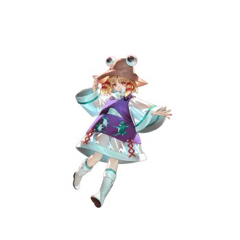 1girl adapted_costume animal_print blonde_hair boots brown_hat closed_mouth frog_print full_body game_cg hair_ribbon hat high_collar highres long_hair long_sleeves looking_at_viewer moriya_suwako non-web_source official_art purple_skirt purple_vest red_ribbon ribbon second-party_source see-through_clothes see-through_skirt see-through_sleeves skirt smile solo touhou touhou_gensou_eclipse transparent_background u_u_zan vest white_boots wide_sleeves yellow_eyes