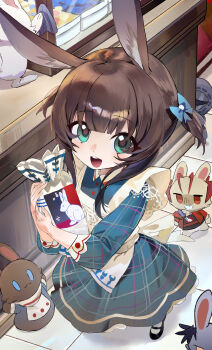 1girl :d absurdres amiya_(arknights) animal animal_ear_fluff animal_ears animalization apron arknights black_shoes blue_bow blue_dress bow brown_hair commentary_request dongfang_gu_gu dress green_eyes hair_bow highres holding indoors long_sleeves looking_at_viewer open_mouth orange_eyes pantyhose puffy_long_sleeves puffy_sleeves rabbit rabbit_ears shoes short_twintails smile solo_focus standing teeth tile_floor tiles twintails upper_teeth_only w_(arknights) white_apron white_pantyhose