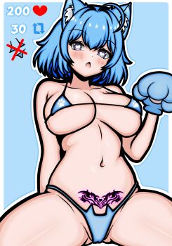 1girl absurdres ahoge animal_ear_fluff animal_ears animal_hands arm_support asamistuff bikini blue_background blue_bikini blue_gloves blue_hair blush border breasts bright_pupils cameltoe cat_ear_panties chestnut_mouth commentary_request gloves heart heart-shaped_pupils highres huge_breasts in_heat indie_virtual_youtuber kemonomimi_mode looking_at_viewer medium_hair micro_bikini navel open_mouth outside_border panties paw_gloves paw_pose paw_print pubic_tattoo purple_eyes sitting spanish_commentary spread_legs stomach swimsuit symbol-shaped_pupils tattoo twitter_strip_game underwear virtual_youtuber white_border white_pupils yeizer
