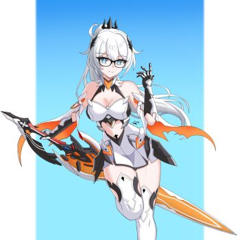 Rule 34 | 1girl, absurdres, bare shoulders, black-framed eyewear, black gloves, blue eyes, breasts, cats in abox, cleavage, closed mouth, commentary, dress, elbow gloves, english commentary, feet out of frame, floating hair, glasses, gloves, grey hair, hair between eyes, hand up, highres, holding, holding sword, holding weapon, honkai (series), honkai impact 3rd, kiana kaslana, long hair, looking at viewer, medium breasts, ponytail, smile, solo, standing, standing on one leg, sword, thighhighs, very long hair, weapon, white dress, white thighhighs