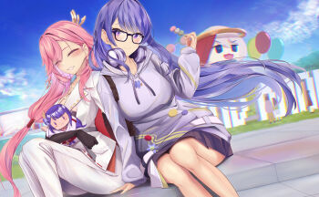 2girls absurdres alternate_costume animal_ears balloon blue_sky blunt_bangs blurry blush character_doll closed_eyes cloud cloudy_sky commentary couple dango depth_of_field doll food formal_clothes fox_ears fox_girl genshin_impact glasses hair_between_eyes hair_down hair_ornament head_tilt headphones headphones_around_neck highres holding holding_doll holding_food hood hood_down hoodie hoyofair leaning_to_the_side long_hair mole mole_under_eye multiple_girls outdoors paimon_(genshin_impact) pants parted_lips pink_hair purple_eyes purple_hair purple_hoodie raiden_shogun raiden_shogun_(2nd_anniversary) sitting skirt sky spekkio36 suit symbol-only_commentary teeth upper_body wagashi yae_miko yae_miko_(2nd_anniversary) yuri