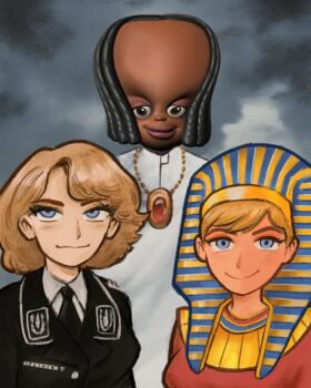 3girls ancient_egyptian_clothes atomiksaico black_jacket black_necktie blonde_hair blue_eyes closed_mouth collared_shirt commentary cosplay dark-skinned_female dark_skin dreadlocks genderswap genderswap_(mtf) highres jacket jewelry jimmy_neutron_(series) large_forehead libby_folfax logan_paul meme meme_request military_jacket multiple_girls nazi necklace necktie original pharaoh real_life shirt smile waffen-ss white_pharaoh_(meme) white_shirt yakub yakub_(cosplay)