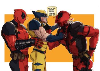 3boys angry ass belt black_gloves blood bodysuit brown_hair commentary deadpool deadpool_&amp;_wolverine deadpool_(series) dual_persona english_text facial_hair gloves heart highres impaled looking_at_another male_focus marvel marvel mask mcbuckwheat multiple_boys muscular muscular_male pectorals red_mask short_hair speech_bubble stab symbol-only_commentary teeth thighs utility_belt violence wolverine_(x-men) x-men yaoi yellow_bodysuit