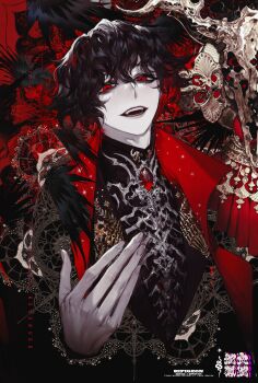 1boy absurdres artist_name black_hair black_shirt black_wings cape commentary copyright_logo dated english_commentary fang fingernails gem hair_between_eyes high_collar highres logo long_fingernails long_fingers looking_at_viewer male_focus medium_hair original pale_skin pigeon666 red_cape red_eyes red_gem shirt snake solo upper_body wings