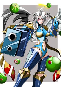 absurdres armor azazel_(helltaker) cosplay digimon digimon_frontier floating gun helltaker highres looking_at_viewer loremaster_(helltaker) magnaazazelmon magnagarurumon magnagarurumon_(cosplay) red_lips sephirothmon smile teeth weapon white_hair wings