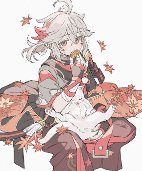 1boy animal animal_on_lap armor autumn_leaves bandaged_hand bandages black_gloves cat commentary_request eating food genshin_impact gloves grey_background hair_between_eyes highres holding holding_food japanese_armor japanese_clothes kaedehara_kazuha leaf leaf_print male_focus multicolored_hair munya_(pic) on_lap ponytail red_eyes red_hair simple_background sitting solo spread_legs streaked_hair sweat tongue white_cat