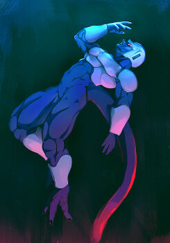 Rule 34 | 1boy, absurdres, alien, armor, black nails, breastplate, colored skin, commentary, coolasama isgod, cooler (dragon ball), dragon ball, dragonball z, fingernails, floating hair, highres, knees, looking at viewer, muscular, muscular male, no humans, purple skin, red eyes, sharp fingernails, shoulder armor, solo, tail, vambraces