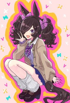 1girl :d animal_ears animal_print blue_skirt bow bowtie brown_cardigan brown_hair cardigan commentary_request ear_piercing fang fingernails flipped_hair gyaru hair_bow highres horse_ears horse_girl horse_tail jewelry kogal leopard_print loafers long_fingernails long_hair long_sleeves looking_at_viewer loose_socks makeup miniskirt miyabi1221 multiple_hair_bows nail_polish necklace open_mouth orange_outline outline piercing pink_nails pink_outline rice_shower_(umamusume) school_uniform scrunchie shirt shoes simple_background skin_fang skirt smile socks solo solo_focus tail twintails umamusume white_shirt wrist_scrunchie