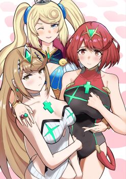 3girls ;d aqua_one-piece_swimsuit bare_shoulders blonde_hair blue_eyes blush bracelet breasts chest_jewel commentary_request competition_swimsuit covered_navel gem headpiece highres implied_yuri jewelry long_hair looking_at_viewer medium_breasts multiple_girls mythra_(radiant_beach)_(xenoblade) mythra_(xenoblade) nervous official_alternate_costume one-piece_swimsuit one_eye_closed open_mouth pinstripe_one-piece_swimsuit pyra_(pro_swimmer)_(xenoblade) pyra_(xenoblade) red_eyes red_hair red_one-piece_swimsuit ribbed_swimsuit ring sheba_(xenoblade) simple_background smile strapless strapless_one-piece_swimsuit striped_clothes striped_one-piece_swimsuit swept_bangs swimsuit tiara twintails two-tone_swimsuit vertical-striped_clothes vertical-striped_one-piece_swimsuit very_long_hair white_one-piece_swimsuit xenoblade_chronicles_(series) xenoblade_chronicles_2 yamame_012 yellow_eyes
