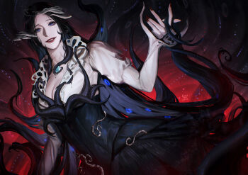 1girl 2025 absurdres black_dress black_hair blue_eyes breasts chest_jewel dress gem highres holding_tentacle linceyang looking_at_viewer multicolored_dress path_to_nowhere puffy_sleeves red_lips red_nails shin_(path_to_nowhere) shirt signature smile teeth tentacle_hair tentacles torn_clothes torn_shirt torn_sleeves white_shirt