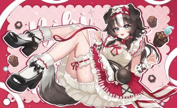 Rule 34 | 1girl, absurdres, aki hoshino, animal collar, animal ears, apron, artist name, bandaid, bandaid on knee, bandaid on leg, bibi biscuit, black bow, black hair, black shoes, bow, breasts, cleavage, collar, cupcake, dog ears, dog girl, dog tail, food, footwear bow, frilled hairband, frills, hair bow, hairband, highres, leash, multicolored hair, open mouth, phase connect, pink bow, pink collar, shoes, smile, socks, solo, striped bow, tail, two-tone hair, virtual youtuber, white apron, white hair, white socks
