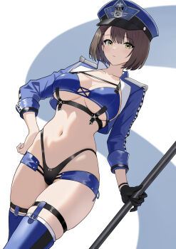 1girl azur_lane baltimore_(azur_lane) baltimore_(finish_line_flagbearer)_(azur_lane) bikini black_bikini black_gloves blue_bikini blue_boots blue_hat blue_jacket blue_shorts boots braid braided_bangs breasts brown_hair chest_harness cleavage closed_mouth collarbone commentary cowboy_shot cropped_jacket english_commentary gloves hair_between_eyes hand_on_own_hip harness hat highleg highleg_bikini highres holding holding_pole jacket kanghak large_breasts looking_at_viewer micro_shorts mismatched_bikini navel official_alternate_costume open_clothes open_jacket peaked_cap pole race_queen short_hair shorts sidelocks single_glove skindentation solo standing stomach swimsuit thigh_boots thigh_strap underboob yellow_eyes