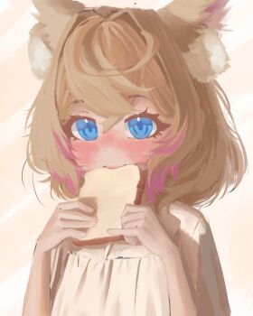 1girl animal_ears blue_eyes blush bread bread_slice dog_ears dog_girl eating fluffy food hair_between_eyes highres holding holding_food hololive hololive_english looking_at_viewer mococo_abyssgard neilwa_dayo pink_streaks short_hair simple_background solo virtual_youtuber
