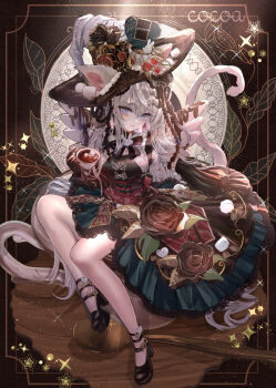1girl animal_ears black_dress breasts cat_ears cat_girl cat_tail commentary_request cup detached_sleeves dress full_body hat high_heels highres holding holding_cup komorihikki long_hair looking_at_viewer original purple_eyes sensitive sitting solo tail very_long_hair white_hair