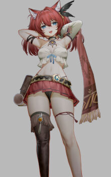 1girl :3 absurdres animal_ears arms_behind_head azur_promilia belt belt_bag black_belt black_choker black_panties black_thighhighs blue_eyes breasts brown_bag cat_ears choker crop_top detached_sleeves fang feather_hair_ornament feathers from_below grey_background hair_between_eyes hair_ornament head_tilt highres jewelry lin_jingling long_hair looking_at_viewer midriff miniskirt navel necklace open_mouth panties red_hair red_skirt shirt simple_background single_detached_sleeve single_thighhigh skirt small_breasts smile solo standing terara_(azur_promilia) thighhighs underwear white_shirt