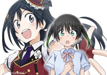 2girls :d :o black_hair blue_shirt blush buttons chase!_(love_live!) collared_shirt colored_tips commentary diamond_hair_ornament double-breasted dress_shirt fingerless_gloves floating_hair foreshortening frilled_hat frilled_sleeves frills gloves gradient_hair green_eyes green_hair grey_eyes hands_on_own_chest hat highres kerorojuncaod long_hair looking_at_viewer love_live! love_live!_nijigasaki_high_school_idol_club mini_hat mini_top_hat multicolored_hair multiple_girls neck_ribbon necktie nijigasaki_school_uniform official_alternate_costume open_mouth outstretched_arm own_hands_together pink_ribbon puffy_short_sleeves puffy_sleeves purple_necktie red_gloves red_hat red_vest ribbon school_uniform shirt short_sleeves simple_background smile summer_uniform takasaki_yu teeth tilted_headwear top_hat twitter_username upper_body upper_teeth_only vest white_background white_shirt wide-eyed yuki_setsuna