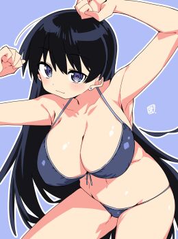 1girl arato_nagi arms_up bikini black_hair blue_background blue_bikini blue_eyes breasts cleavage clenched_hand earrings front-tie_bikini_top front-tie_top highres jewelry large_breasts long_hair looking_at_viewer ruri_no_houseki signature smile solo stud_earrings swimsuit take_shinobu