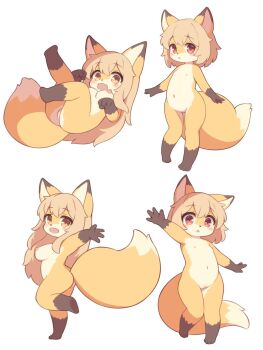 2girls animal_ears animal_feet animal_nose arm_up armpits ass body_fur breasts brown_hair commentary_request completely_nude fox_ears fox_girl fox_tail furry furry_female highres large_breasts loli long_hair matsuu_(akiomoi) multiple_girls multiple_views navel nipples nude original pussy red_eyes short_hair small_breasts tail