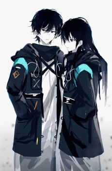 1boy 1girl absurdres arknights black_coat black_eyes black_hair breast_pocket coat commentary doctor_(arknights) dual_persona english_commentary expressionless female_doctor_(arknights) gradient_background hair_between_eyes hand_in_pocket highres hood hood_down hooded_coat jitome long_hair long_sleeves looking_ahead looking_at_viewer male_doctor_(arknights) narrowed_eyes open_clothes open_coat parted_lips pocket profile rhodes_island_uniform robe see-through_clothes see-through_robe short_hair side-by-side simple_background standing very_short_hair white_background white_robe zuo_daoxing