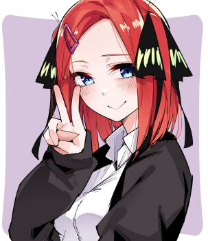 1girl alternate_hairstyle black_jacket black_ribbon blue_eyes blush breasts butterfly_hair_ornament closed_mouth commentary_request dress_shirt eyelashes forehead go-toubun_no_hanayome hair_ornament hair_ribbon hairclip hand_up highres jacket large_breasts long_sleeves looking_at_viewer mame1645 medium_hair nakano_nino open_clothes open_jacket parted_bangs purple_background red_eyes ribbon shirt simple_background smile solo straight_hair two_side_up upper_body v white_shirt