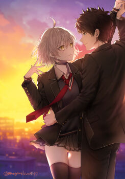 1boy 1girl ahoge black_choker black_hair black_jacket blazer blue_eyes blue_sweater breasts choker collared_shirt dancing fate/grand_order fate_(series) fujimaru_ritsuka_(male) grey_hair grey_skirt hand_on_another's_waist highres jacket jeanne_d'arc_alter_(fate) long_sleeves looking_at_another necktie official_alternate_costume omizu_(omz) open_clothes open_jacket pseudo-tokyo_school_uniform red_necktie school_uniform shirt short_hair skirt smile sunset sweater thighhighs twitter_username white_hair white_shirt yellow_eyes
