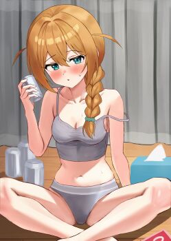 1girl absurdres aqua_eyes baba_konomi beer_can blush braid breasts brown_hair can cleavage collarbone commentary_request drink_can drunk floris_(saber13) grey_panties grey_tank_top hair_over_shoulder highres holding holding_can idolmaster idolmaster_million_live! indian_style indoors long_hair navel on_floor panties single_braid sitting solo sweatdrop tank_top two_side_up underwear