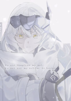 1girl absurdres arms_at_sides brown_eyes cloak commentary dappled_sunlight expressionless facing_viewer goddess_of_victory:_nikke grey_ribbon hair_between_eyes high_collar highres long_hair looking_ahead muted_color shiro_hinageshi snow_white_(nikke) sunlight upper_body watermark white_background white_cloak white_hair