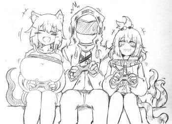 1other 2girls animal_ears arknights beads blush breasts commentary controller doctor_(arknights) fang game_controller graphite_(medium) grin hair_beads hair_ornament hairpin hatching_(texture) highres hood hood_up hooded_jacket huge_breasts jacket kirara_(arknights) laughing linear_hatching mask monochrome multiple_girls multiple_hairpins oni_tengu open_mouth playing_games pointy_ears side-by-side sitting smile sweatdrop tentacles traditional_media utage_(arknights) white_background
