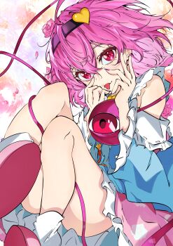 1girl :p absurdres bare_legs blue_shirt commentary convenient_leg detached_sleeves falling_petals fingernails flower hair_flower hair_ornament highres komeiji_satori legs_folded looking_at_viewer nail_polish petals pink_eyes pink_flower pink_hair pink_rose pink_skirt rose shirt skirt socks solo third_eye tongue tongue_out touhou unanooo_(fthx7532) white_socks