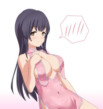1girl arm_at_side bare_arms bare_shoulders black_hair blunt_bangs blush breast_curtains breasts brown_eyes china_dress chinese_clothes cleavage closed_mouth collarbone covered_navel cowboy_shot dress dutch_angle floral_print gradient_background groin hand_on_own_chest hand_up highres juujou_hiyori large_breasts long_hair looking_at_viewer no_bra no_panties ototsu_(nitta225) pelvic_curtain pink_background pink_dress print_dress short_dress side_slit sidelocks simple_background sleeveless sleeveless_dress solo speech_bubble spoken_blush standing straight_hair toji_no_miko white_background