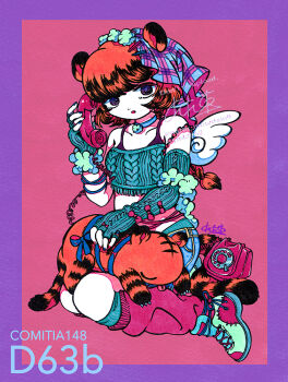 1girl animal animal_ears animal_on_lap antique_phone asymmetrical_gloves black_hair blue_nails bow braid cable_knit commentary_request crop_top elbow_gloves fingerless_gloves fluff gloves hair_ornament hairclip holding holding_phone jewelry kneehighs layered_legwear looking_to_the_side loose_socks multicolored_hair nail_polish on_lap orange_hair original parted_lips phone pink_background pink_nails purple_eyes ribbon ring rotary_phone shoes sitting sneakers socks tail tiger tiger_ears tiger_girl tiger_tail veil wings yamakita_higashi yokozuwari