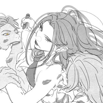 Rule 34 | 1girl, 2boys, abby (kpop demon hunters), blush, eyelashes, from above, greyscale, hashtag-only commentary, highres, holding, kpop demon hunters, lipstick mark, long hair, looking back, mira (kpop demon hunters), monochrome, montes4352, multiple boys, romance (kpop demon hunters), short hair, sidelocks, spot color, twintails, yellow eyes