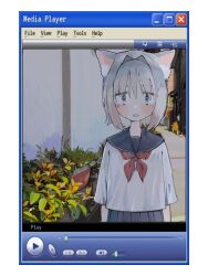 Rule 34 | 1girl, animal ear fluff, animal ears, arms at sides, black sailor collar, black skirt, blue eyes, blush, cat ears, cat girl, commentary, cowboy shot, d:, day, grey hair, hair intakes, highres, long sleeves, looking at viewer, media player interface, neckerchief, open mouth, original, outdoors, planter, pleated skirt, red neckerchief, sailor collar, school uniform, serafuku, shirt, short hair, skirt, solo, straight-on, uo yuo, white shirt, window (computing), windows xp