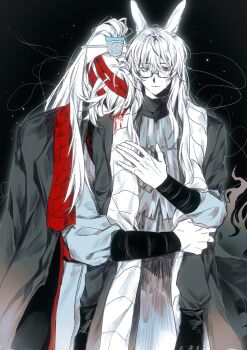 2boys animal_ears armor bandage_over_one_eye bandages black_background black_hanfu blood chinese_clothes closed_mouth family_hierarch_candidate_(identity)_(project_moon) glasses glowing hair_over_face hanfu hashtag-only_commentary head_on_another&#039;s_shoulder heishou_pack-wu_branch_(identity)_(project_moon) high_ponytail highres hong_lu_(project_moon) horse_boy horse_ears hug hug_from_behind leaning_on_person limbus_company long_hair long_sleeves looking_at_viewer male_focus monochrome multiple_boys ponytail project_moon red_bandage semi-rimless_eyewear shirt spot_color stole tears white_hair xiao_guan_(headdress) xiaorourose yaoi yi_sang_(project_moon)