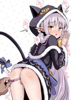 1boy 1girl ^^^ against_wall anal anal_object_insertion animal_hood ass bad_id bad_pixiv_id bar_censor blue_bow blush bottomless bow censored chestnut_mouth cleft_of_venus cloak dark-skinned_male dark_skin from_behind hands_up hetero highres hood hood_up hooded_cloak jitome kyoka_(halloween)_(princess_connect!) kyoka_(princess_connect!) loli long_hair long_sleeves looking_at_viewer looking_back mame_rakko object_insertion open_mouth pointy_ears princess_connect! purple_hair pussy standing sweat tail tail_bow tail_ornament tears trembling wide_sleeves yellow_eyes