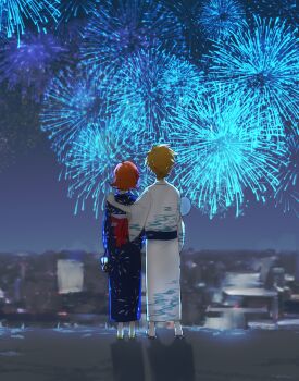 Rule 34 | 1boy, 1girl, couple, digimon, fireworks, highres, ishida yamato, japanese clothes, kimono, night, night sky, pixiv user (2540217), sky, takenouchi sora