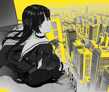 1girl artist_name bare_legs blunt_bangs body_markings building cat chisa_(wuthering_waves) cityscape clothing_cutout cloud fish floating_clothes floating_hair from_side greyscale_with_colored_background hair_ribbon highres horizon long_hair looking_at_viewer looking_to_the_side looking_up miniskirt mole mole_under_eye neckerchief pleated_skirt ribbon road sailor_collar school_uniform sitting skirt skyscraper smile solo spot_color street surui tacet_mark_(wuthering_waves) thigh_strap wuthering_waves