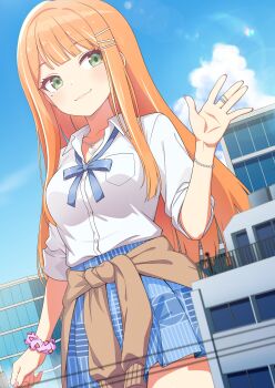 1girl absurdres blue_ribbon blue_skirt blue_sky brown_cardigan building cardigan cardigan_around_waist city clothes_around_waist cloud collared_shirt dress_shirt gakuen_idolmaster giant giantess green_eyes gyaru hatsuboshi_gakuen_school_uniform highres idolmaster jewelry long_hair mole mole_under_eye neck_ribbon orange_hair outdoors pink_scrunchie pleated_skirt ribbon ring school_uniform scrunchie shirt shiun_sumika skirt sky smile toxic_pter upper_body white_shirt wrist_scrunchie