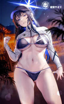 Rule 34 | 1girl, absurdres, alternate costume, baseball cap, bikini, black bikini, black hair, blue archive, blue hair, breasts, breasts apart, character name, colored inner hair, groin, halo, hat, highres, joacy, large breasts, long hair, looking at viewer, multicolored hair, navel, outdoors, saori (blue archive), shrug (clothing), side-tie bikini bottom, solo, stomach, string bikini, swimsuit, two-tone hair, very long hair