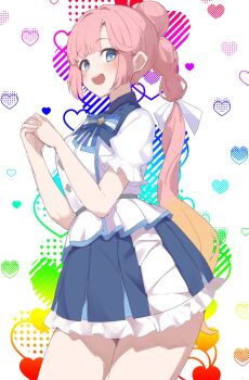 Rule 34 | 1girl, 365 days (love live!), :d, anyoji hime, blonde hair, blue bow, blue bowtie, blue eyes, blue skirt, bow, bowtie, buttons, commentary request, double-breasted, gradient hair, hair ribbon, heart, heart background, highres, interlocked fingers, link! like! love live!, long hair, looking at viewer, love live!, miniskirt, multicolored hair, official alternate costume, open mouth, own hands clasped, own hands together, pink hair, pleated skirt, puffy short sleeves, puffy sleeves, rainbow background, ribbon, shirt, short sleeves, skirt, smile, solo, soyo1558686, striped bow, striped bowtie, striped clothes, very long hair, virtual youtuber, white ribbon, white shirt