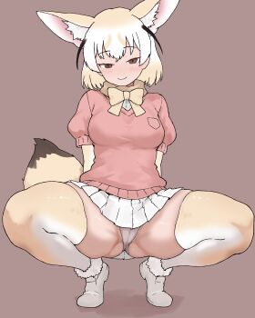 1girl absurdres animal_ears black_hair blonde_hair blush bow bowtie breasts brown_eyes cameltoe extra_ears fennec_(kemono_friends) fox_ears fox_tail full_body gloves groin highres kemono_friends large_breasts long_sleeves looking_at_viewer multicolored_hair panties pantyshot peace_peace009 pink_sweater shirt shoes short-sleeved_sweater short_hair short_sleeves simple_background skirt smile solo spread_legs squatting sweater tail thick_thighs thighhighs thighs tiptoes underwear yellow_bow yellow_bowtie yellow_thighhighs