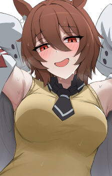 1girl :d agnes_tachyon_(tach-nology)_(umamusume) agnes_tachyon_(umamusume) animal_ears armpits arms_behind_head arms_up black_necktie blush breasts brown_hair chemical_structure commentary earrings hair_between_eyes highres horse_ears horse_girl jewelry lab_coat long_sleeves looking_at_viewer medium_breasts medium_hair namikare necktie open_mouth red_eyes short_necktie simple_background single_earring sleeves_past_fingers sleeves_past_wrists smile solo steaming_body sweat sweater_vest umamusume upper_body white_background yellow_sweater_vest