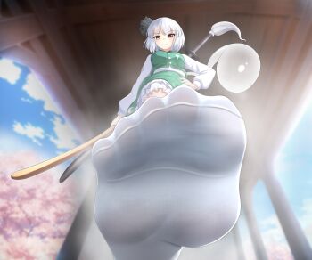 1girl absurdres feet hand_on_own_hip highres konpaku_youmu looking_at_viewer medium_hair ming pov red_eyes smile socks soles steam toes touhou white_hair
