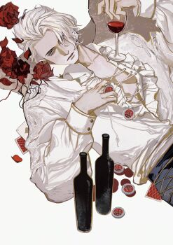 Rule 34 | 1boy, alcohol, black pants, bottle, card, cup, drinking glass, flower, frilled shirt collar, frills, grey eyes, hair over one eye, hashtag-only commentary, highres, holding, holding cup, holding poker chip, leon s. kennedy, male focus, official alternate costume, pants, playing card, red flower, red petals, red rose, red wine, renaissance clothes, resident evil, resident evil 4, resident evil 4 (remake), rose, shirt, solo, upper body, white background, white hair, white shirt, wine, wine bottle, wine glass, xianyu chuan